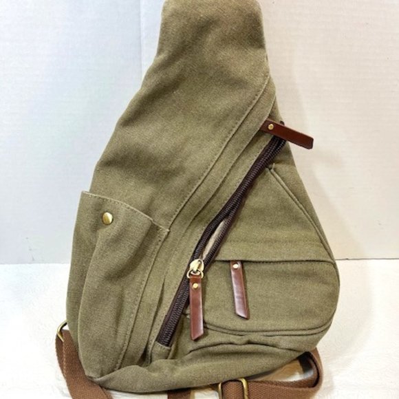 Olive Green Canvas Cotton Sling Bag Backpack Casual Daypack Rucksack Chest Bag main image 9